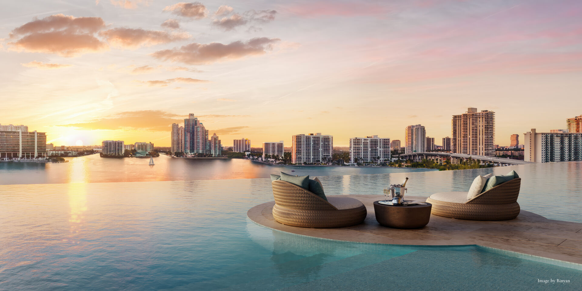 West pool deck with cityscape
